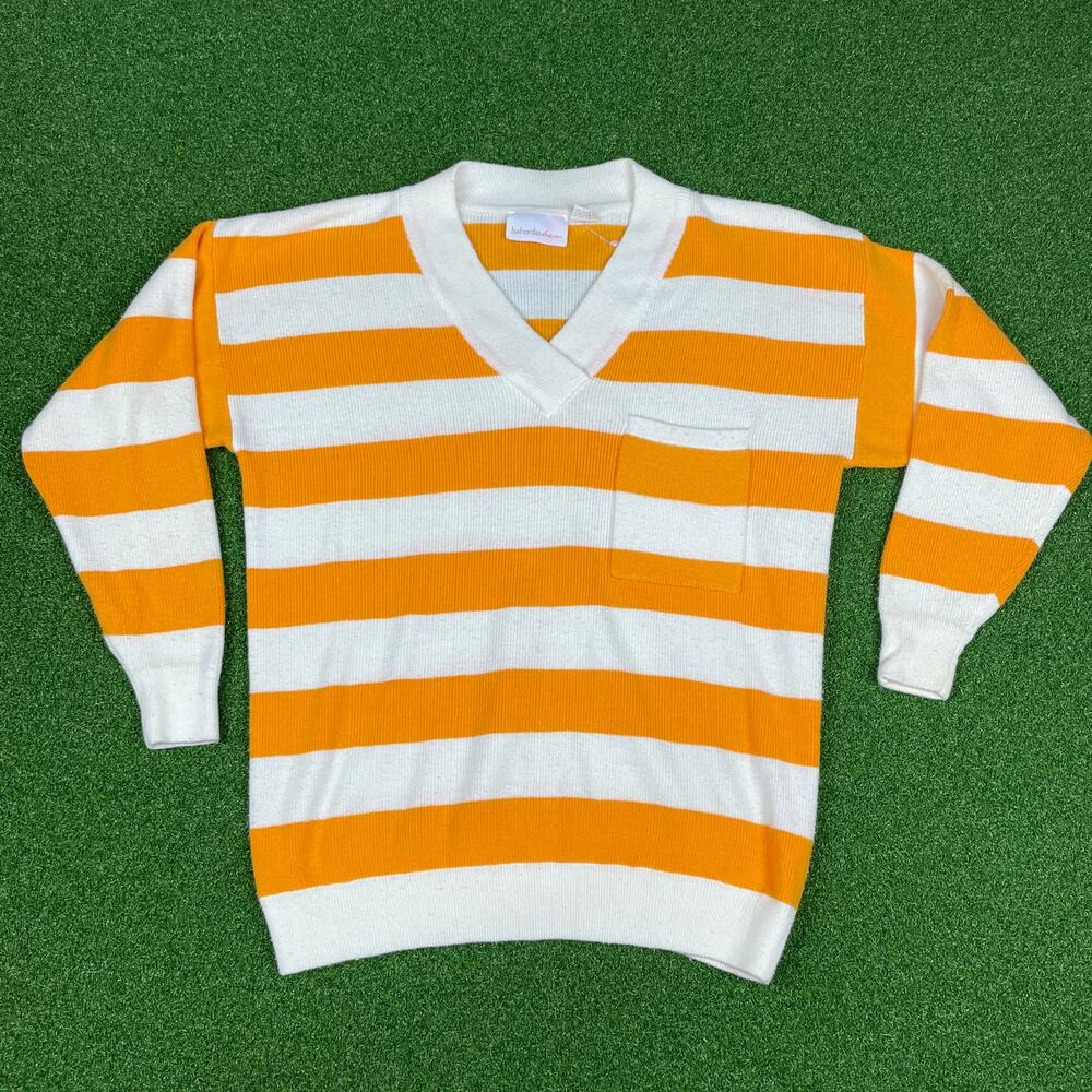 VTG Haberdasher Orange & White Striped V Neck Acrylic Blend Sweater Sz M